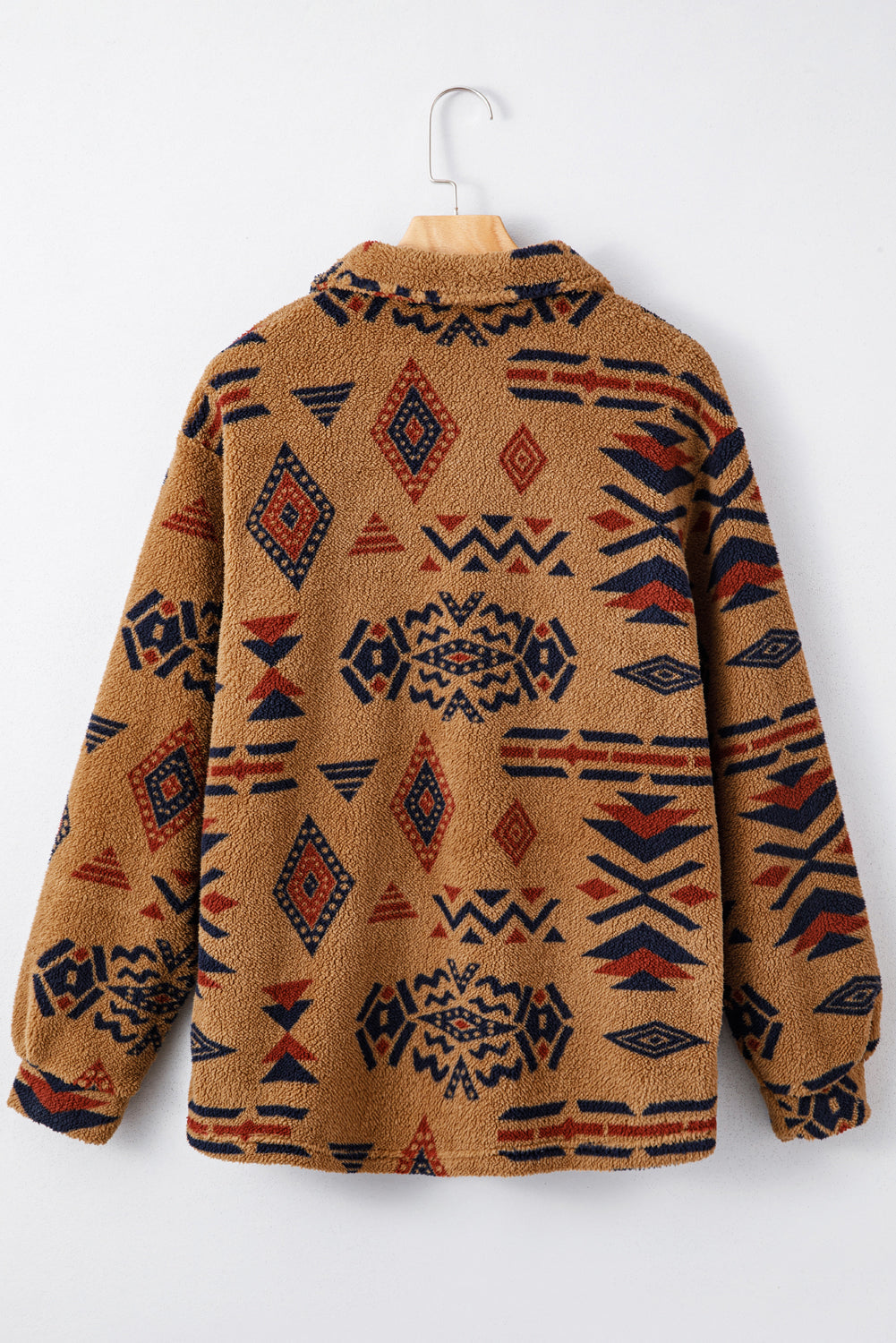 Premium Khaki Western Aztec Pattern Fleece Shacket For Cold Weather