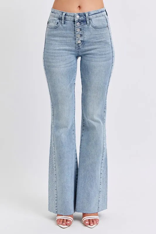 Judy Blue Mid Rise Rhinestone Flare Jeans Plus Size