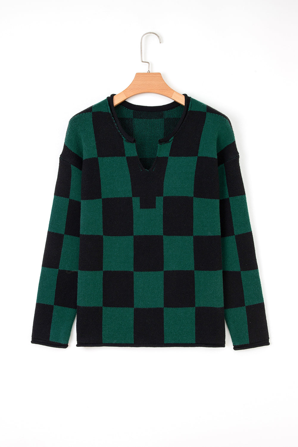 Premium Green Checked Notched Neckline Drop Shoulder Knit Sweater