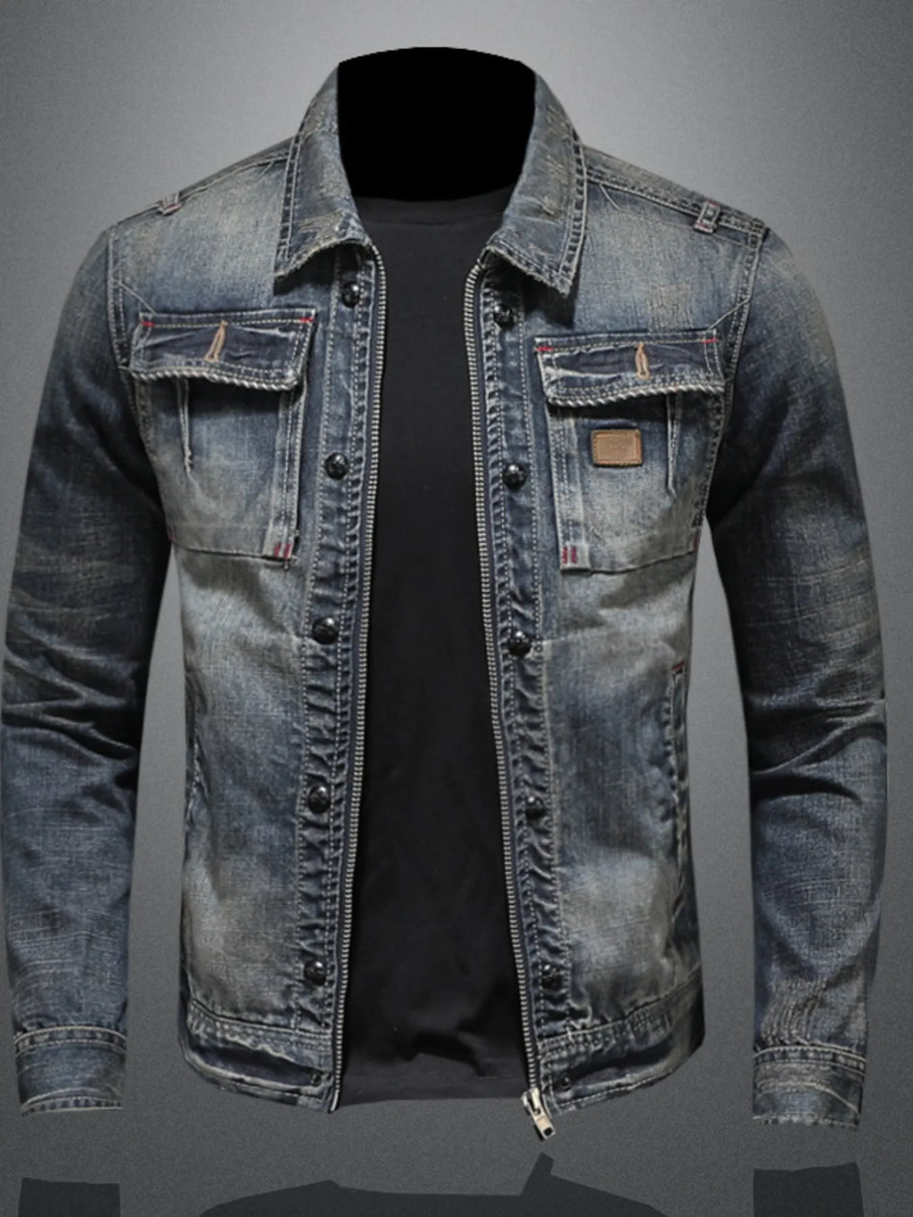 Men's Plus Size Washed Zip Up Denim Jacket with Chest Pockets