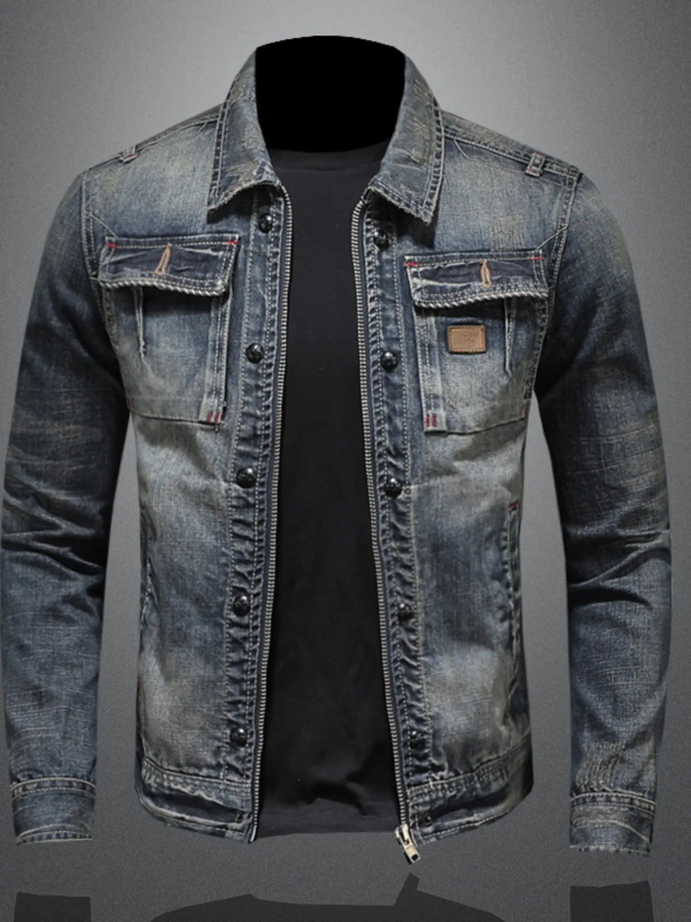 Men's Plus Size Washed Zip Up Denim Jacket with Chest Pockets