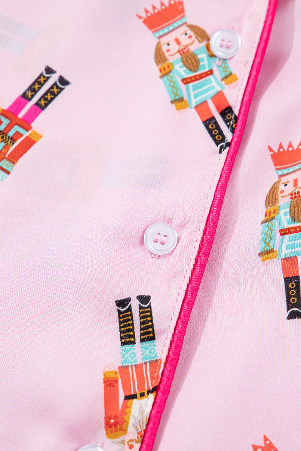 Pink Nutcracker Print Two Piece Pajama Set Contrast Trim Bow