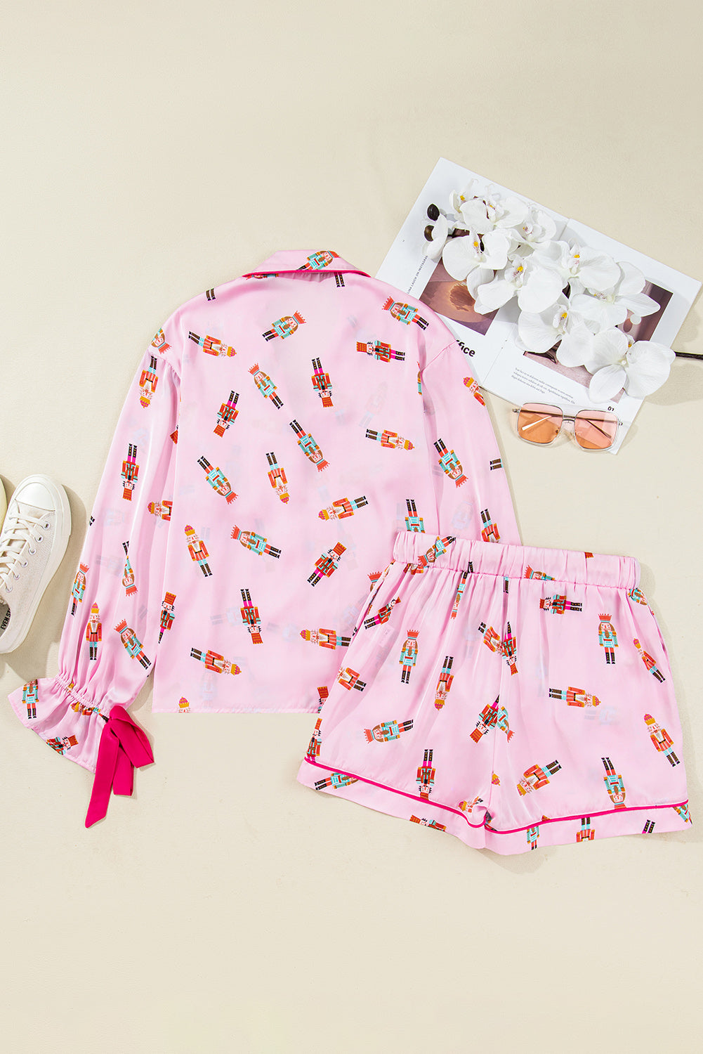 Pink Nutcracker Print Two Piece Pajama Set Contrast Trim Bow