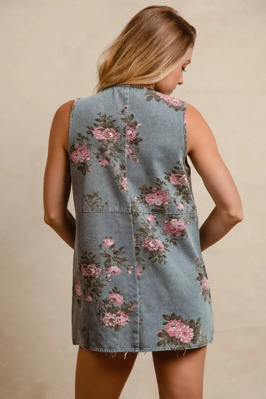 BiBi Floral Print Washed Denim Long Rider Vest