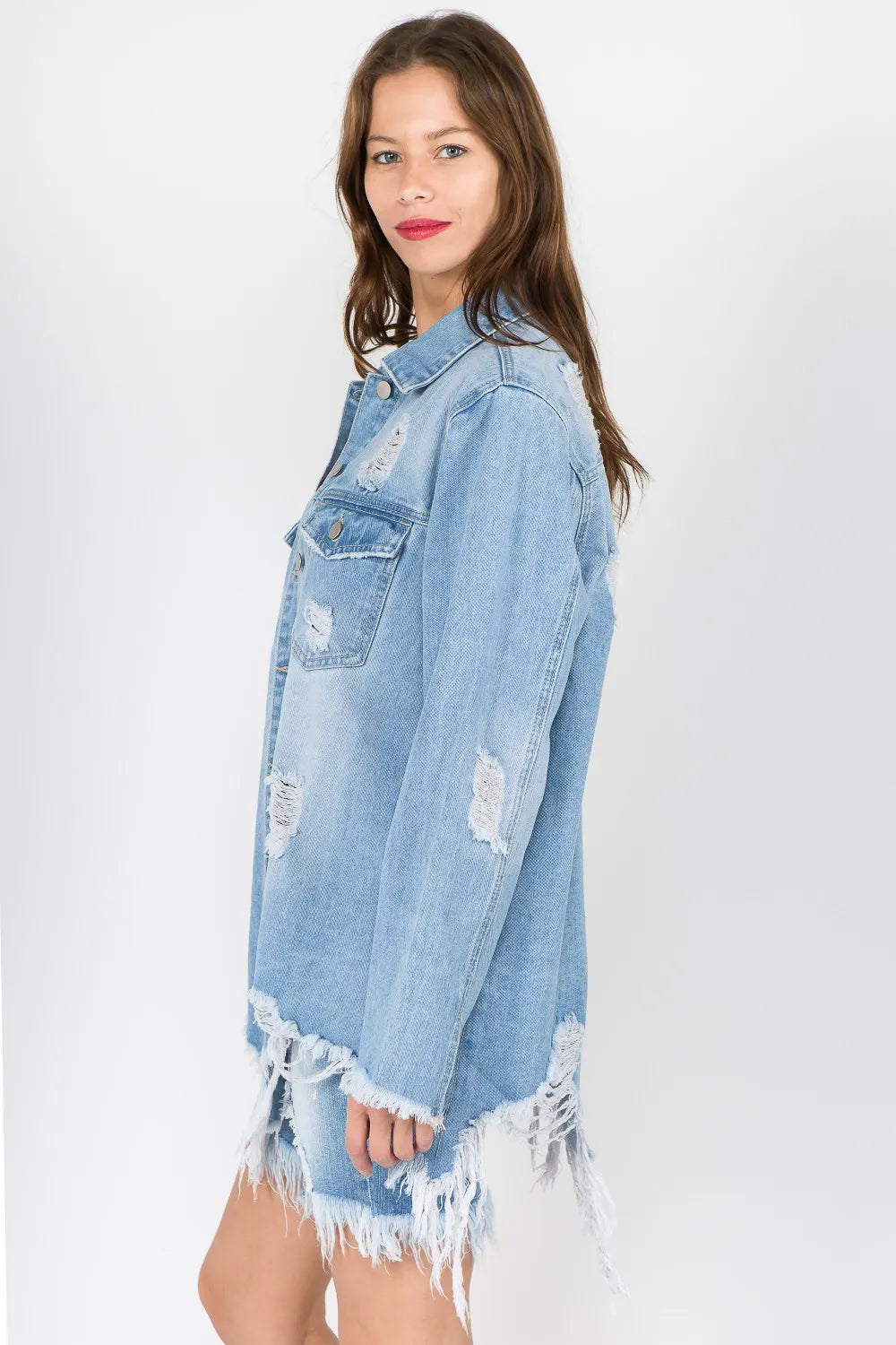Trendsi American Bazi Denim Jacket Light Blue Small Distressed Frayed Hem