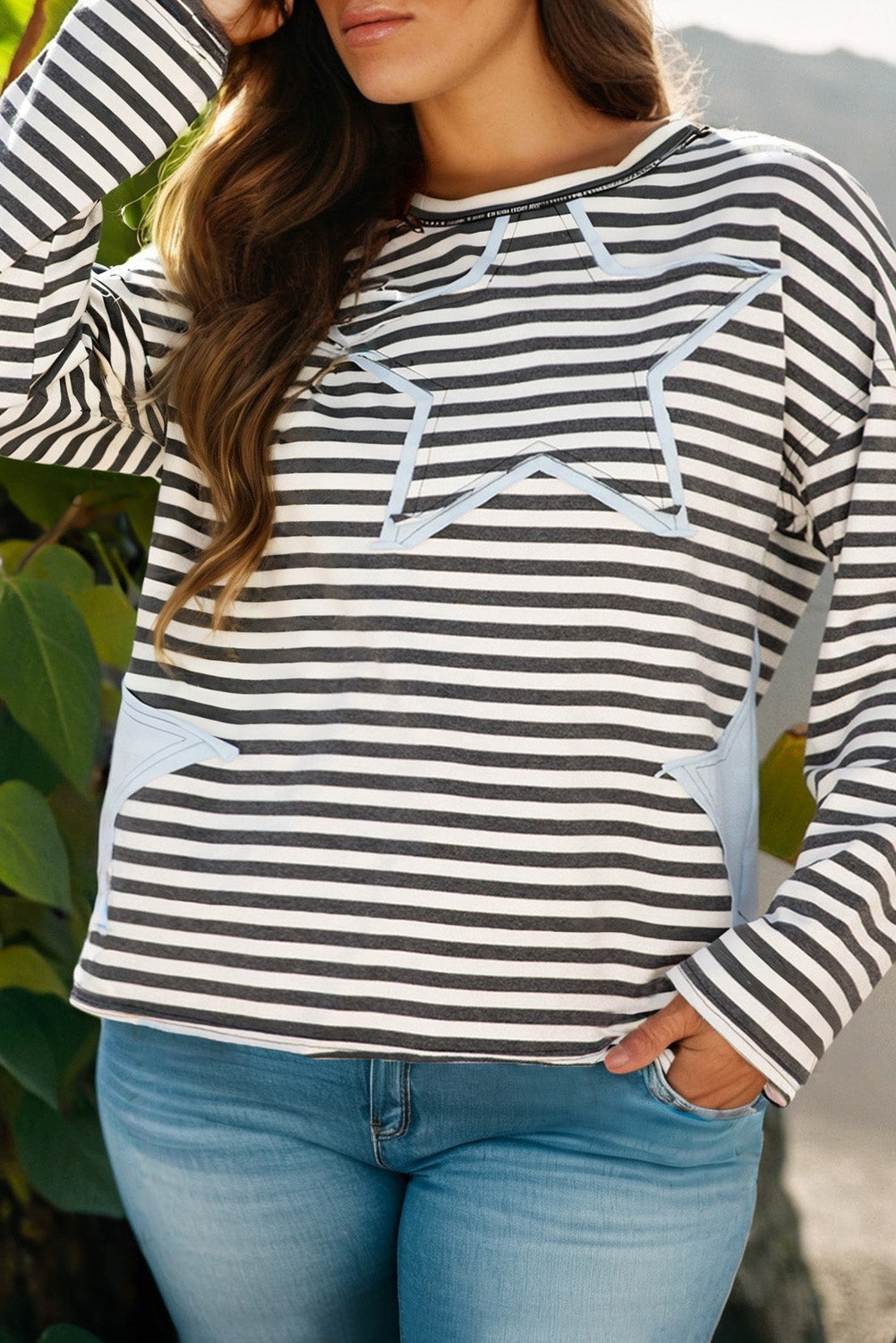 Gray Stripe Star Contrast Stitched Plus Size Long Sleeve Top