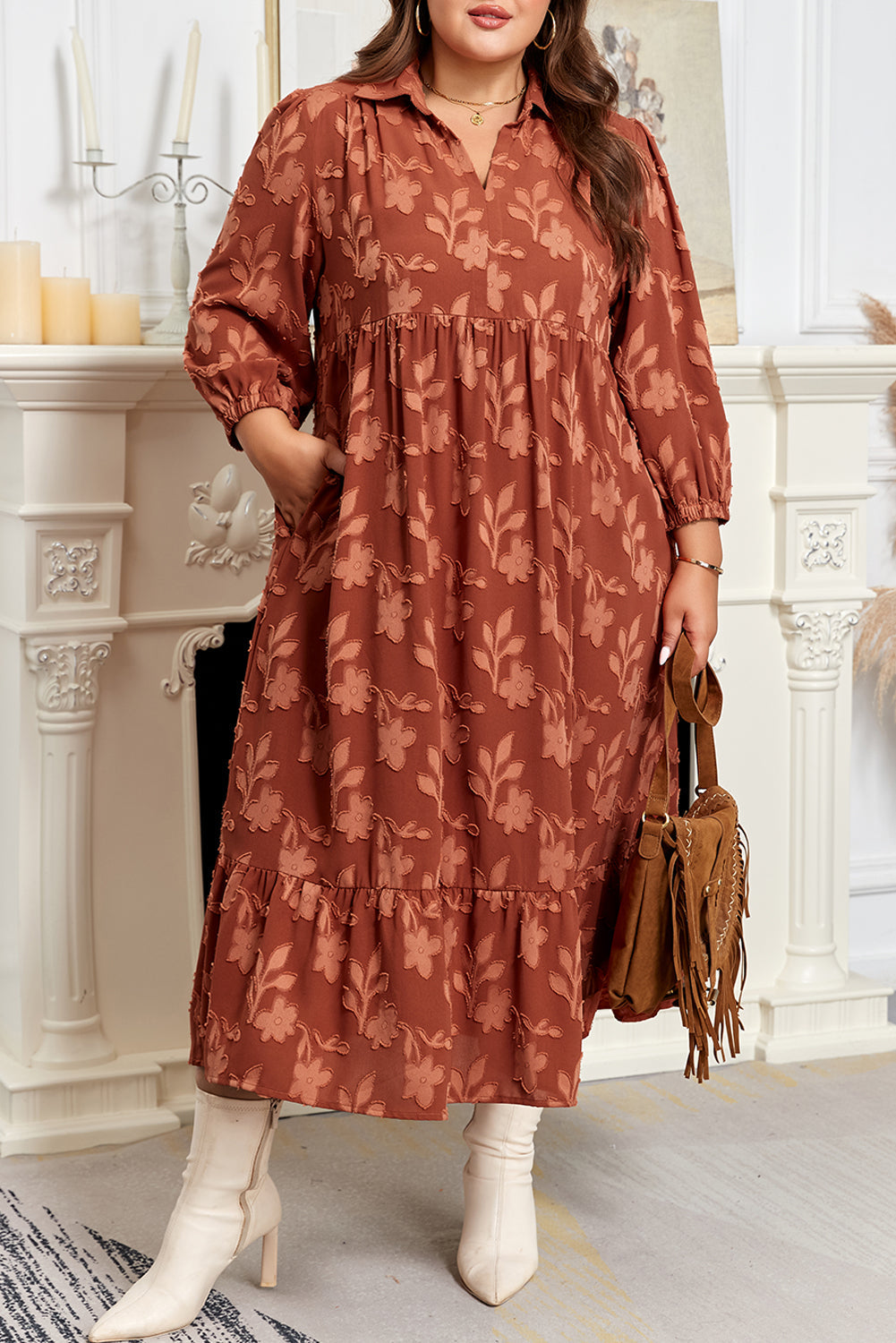 Premium Cinnamon Plus Size Textured 3D Flower Dress Ruffle Hem Long
