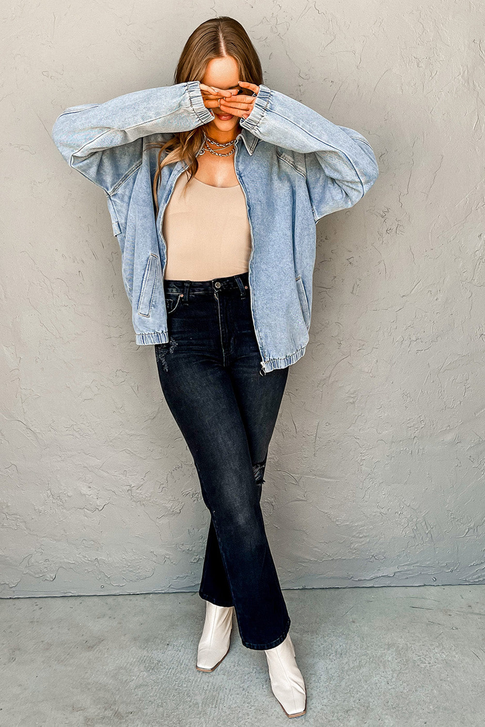 Myosotis Elastic Edge Collared Denim Jacket With Pocket