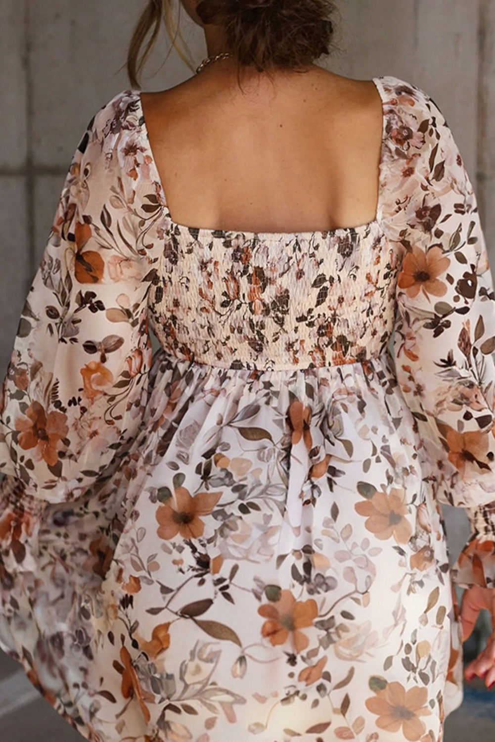 White Floral Print Sweetheart Neck Long Sleeve Mini Dress