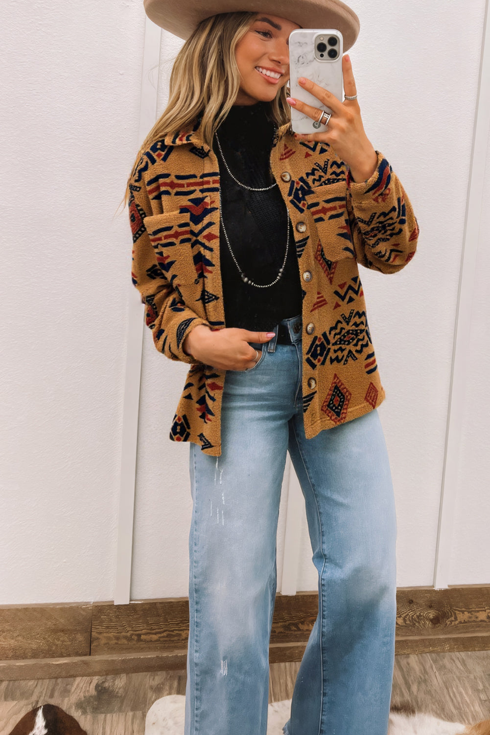 Premium Khaki Western Aztec Pattern Fleece Shacket For Cold Weather