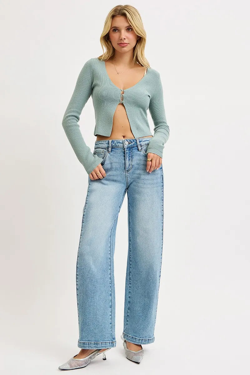 Risen Mid Rise Wide Barrel Transferable Leg Snap Jeans
