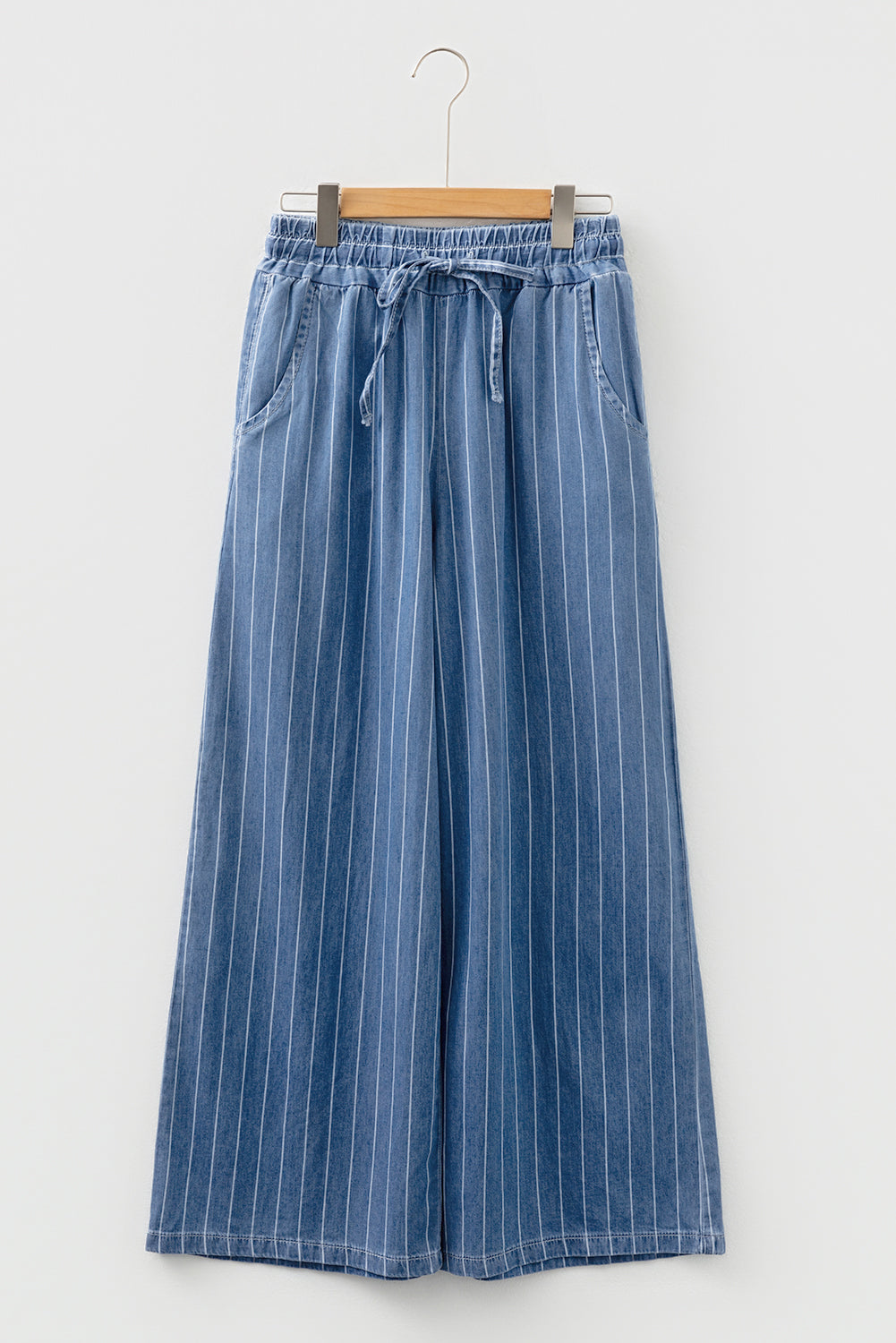 Premium Blue Stripe Chambray Wide Leg Tied Elastic Waist Trousers