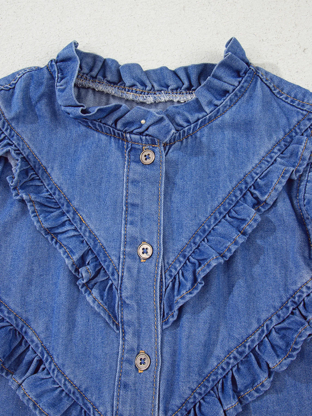 Mineral Wash Cap Sleeve Frilled Button Up Denim Shirt