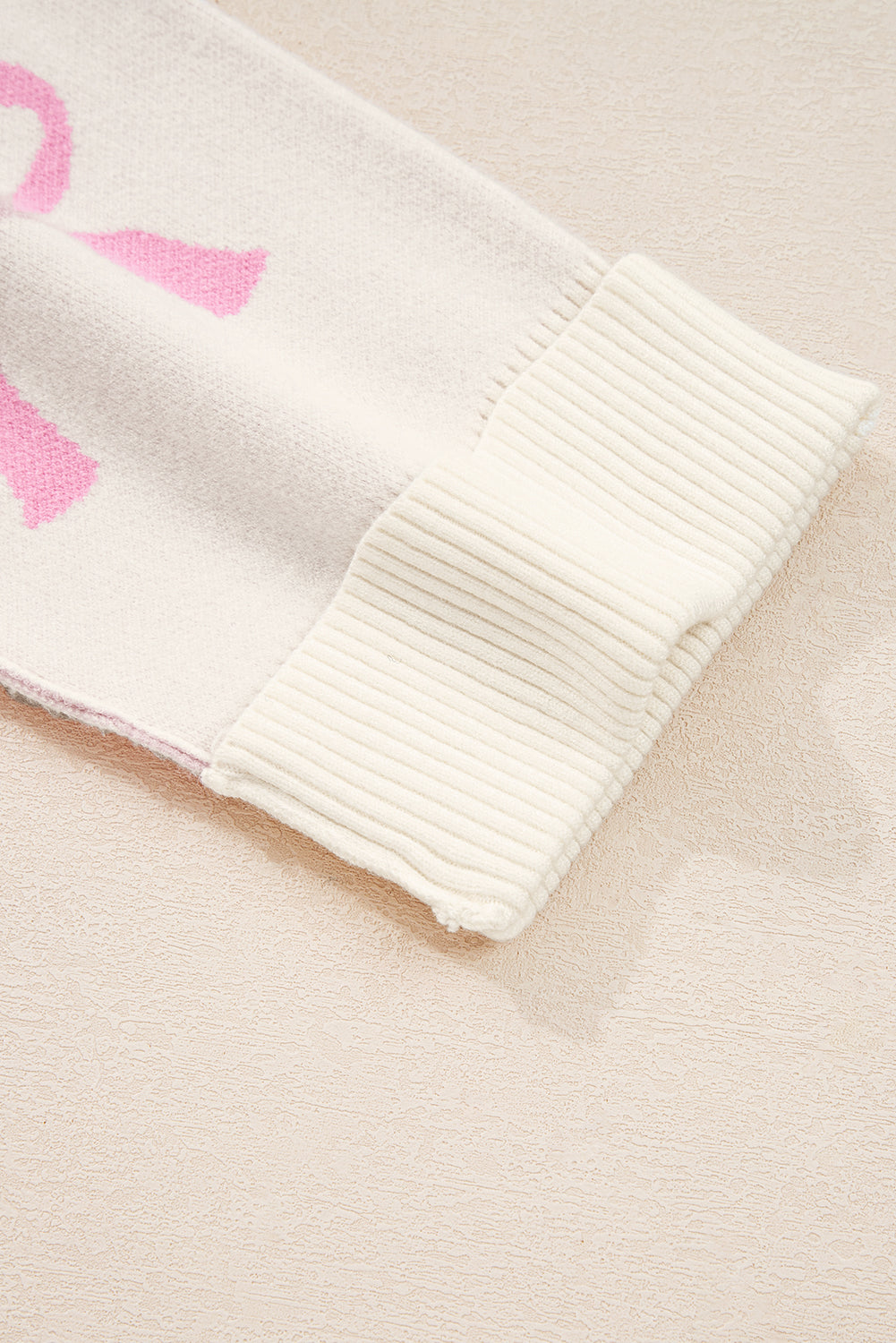 Pink Bow Print Ribbed Trim Drop Shoulder Loose Sweater