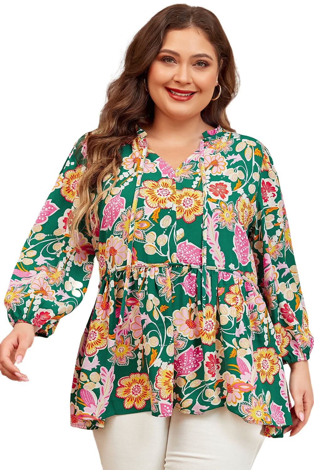 Green floral plus size babydoll top