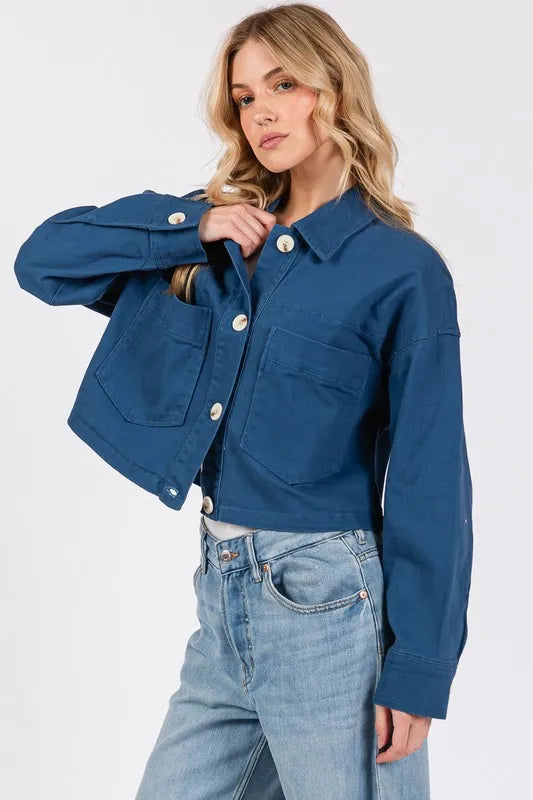 Bytos Button Down Cropped Denim Jacket With Patch Pockets