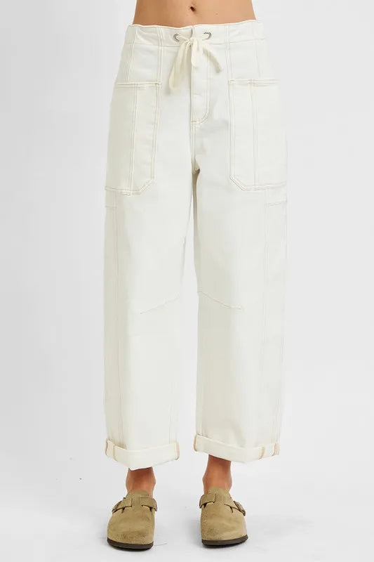 RISEN Plus White High Rise Crop Wide Barrel Cargo Jeans