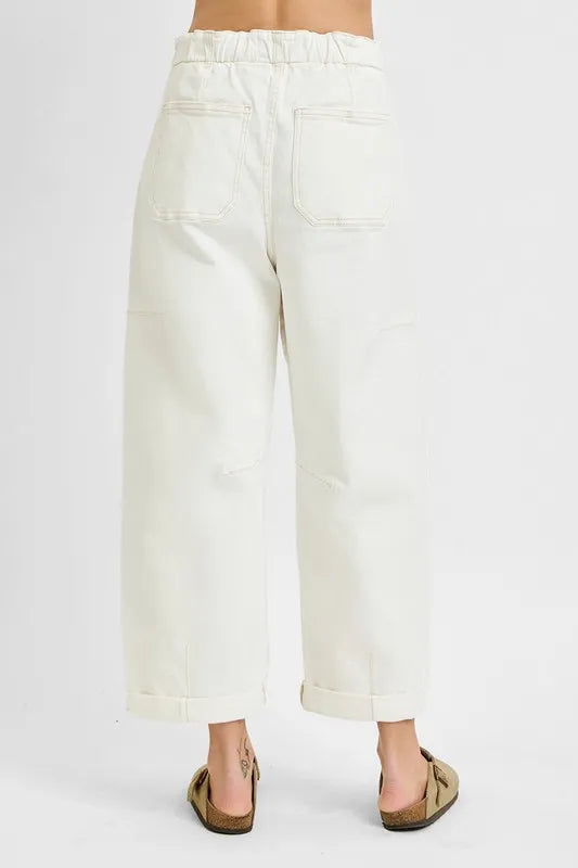 RISEN Plus White High Rise Crop Wide Barrel Cargo Jeans