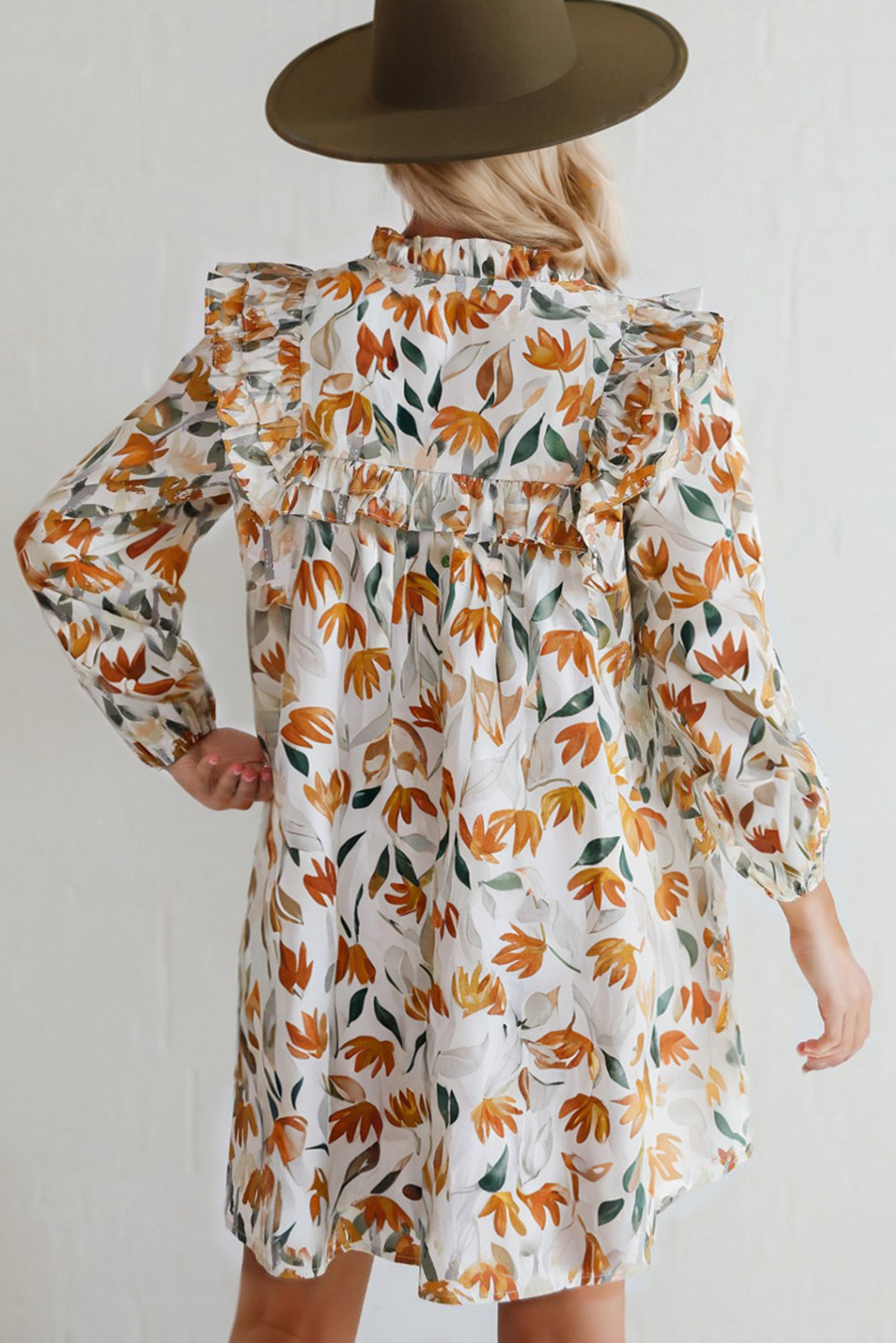 Yellow Floral Print Tie Neck Frilled Long Sleeve Mini Dress