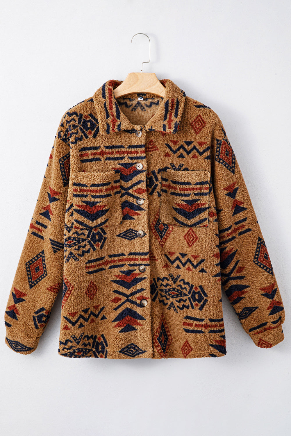 Premium Khaki Western Aztec Pattern Fleece Shacket For Cold Weather