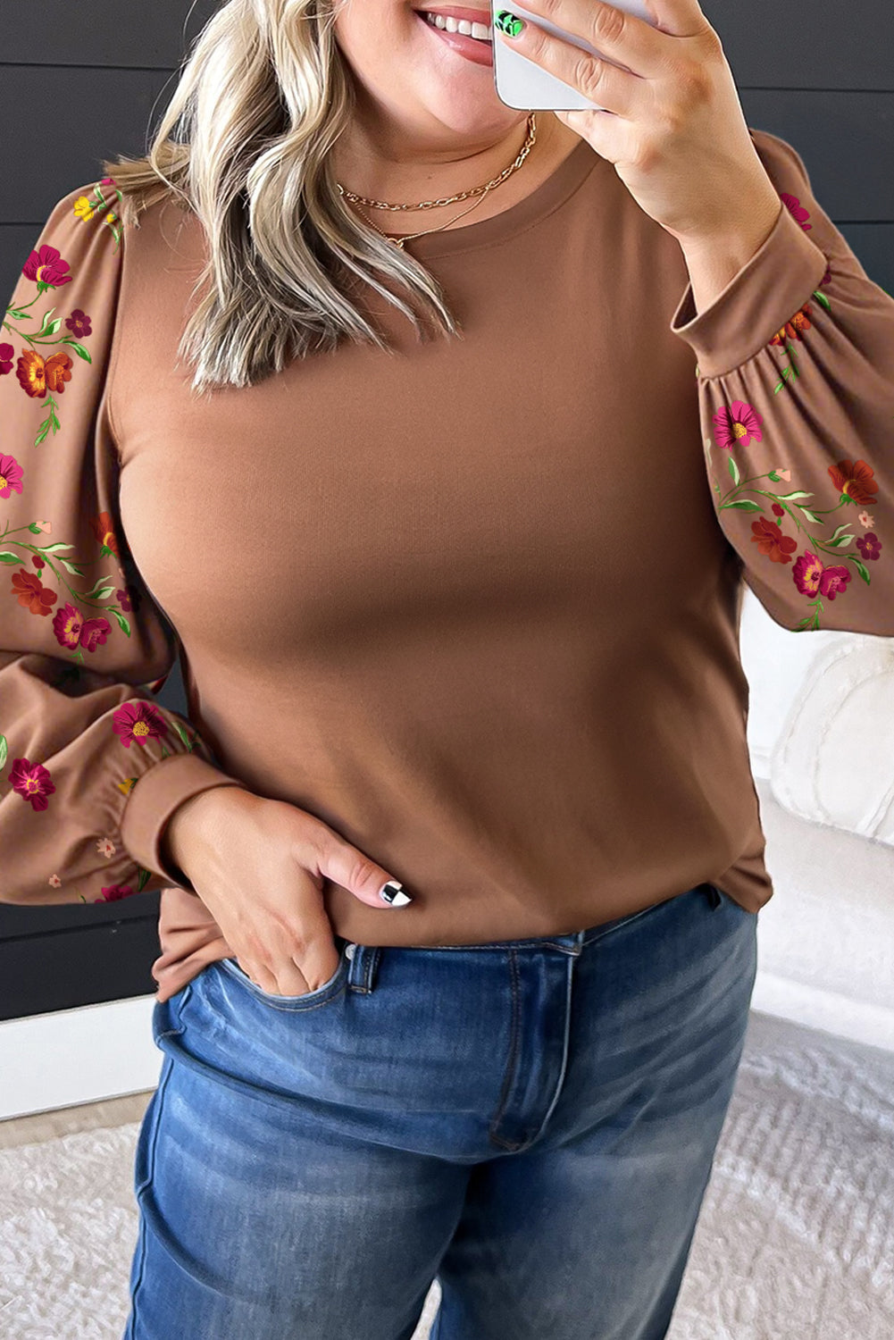 Brown Floral Sleeve Patchwork Round Neck Plus Size Blouse
