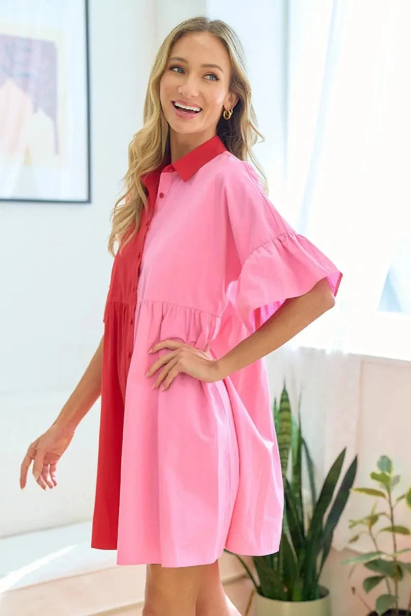 First Love Full Size Color Blocked Button Down Babydoll Dress