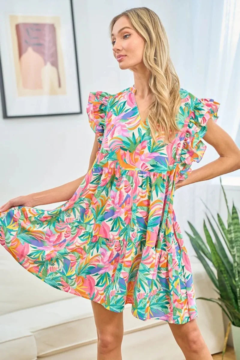 First Love Ruffled Printed Notched Cap Sleeve Dress for Women
