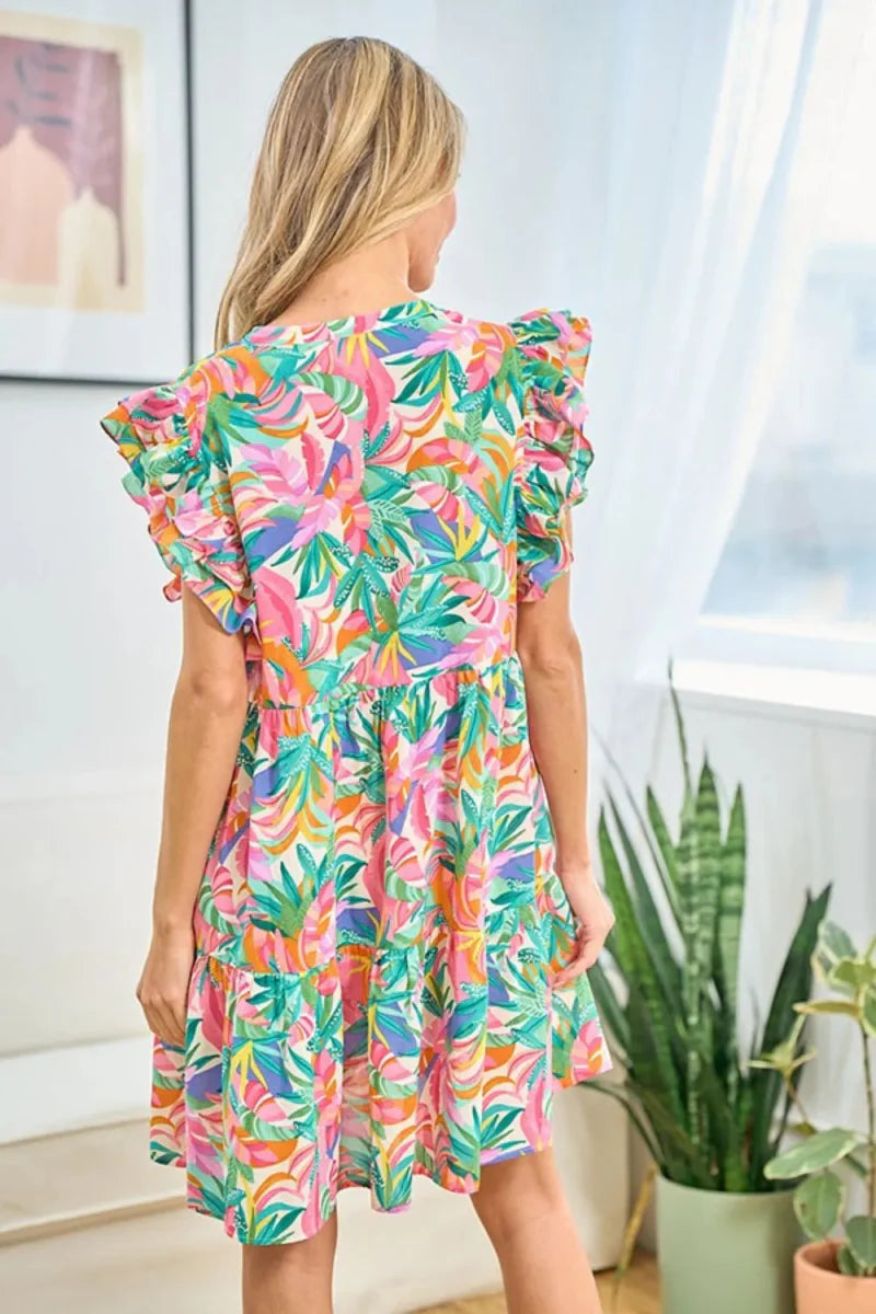 First Love Ruffled Printed Notched Cap Sleeve Dress for Women