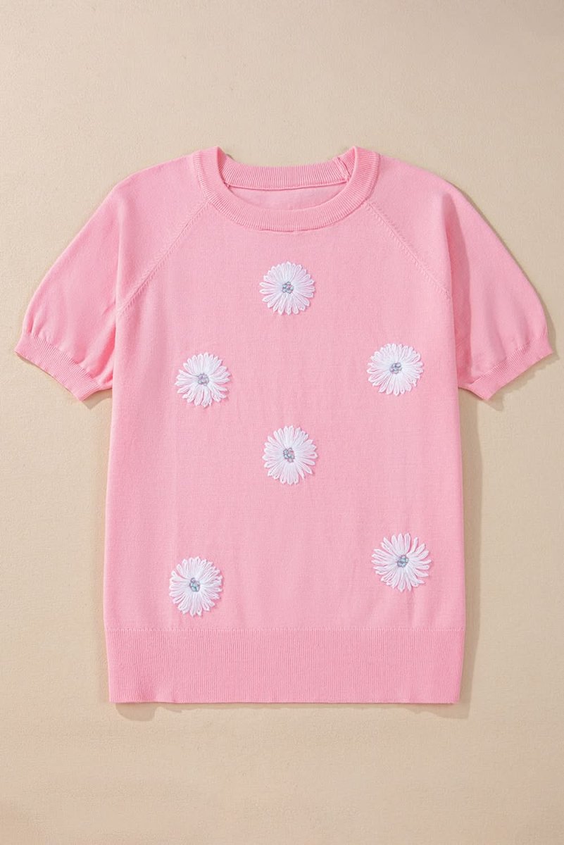 Floral Knit Short Sleeve Top in Charming Pink