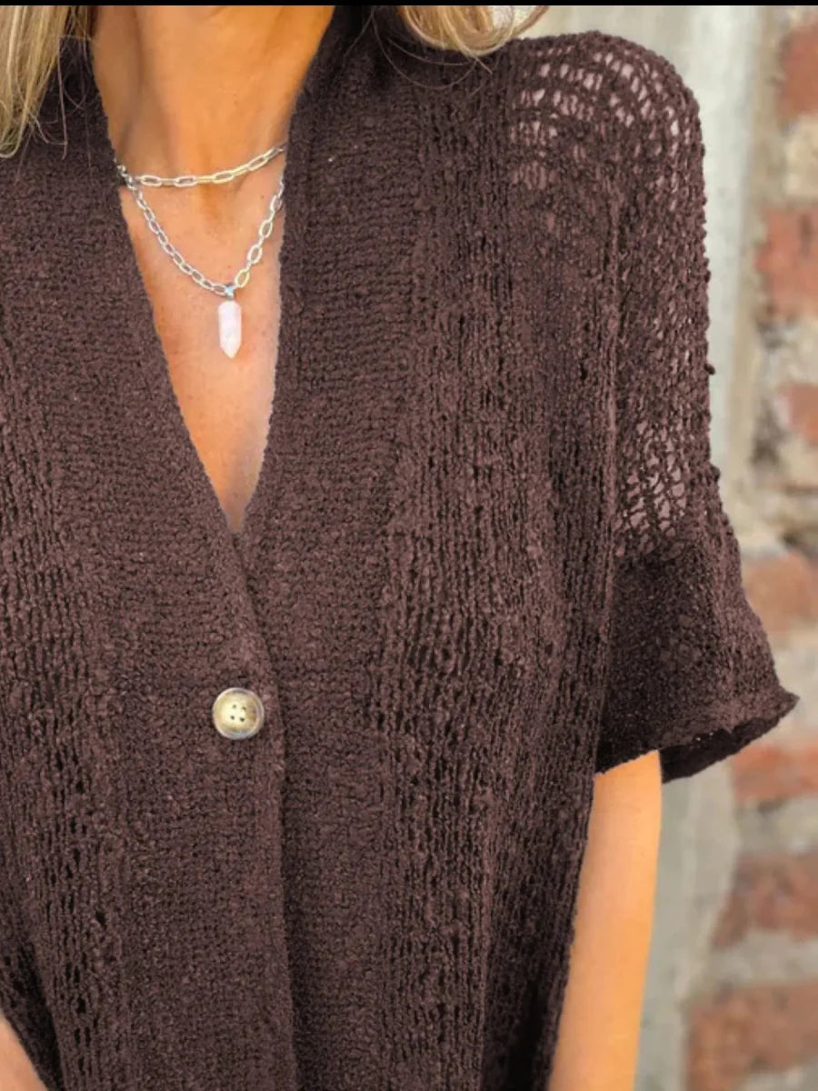 Full Size One Button Openwork Cardigan Plus Size