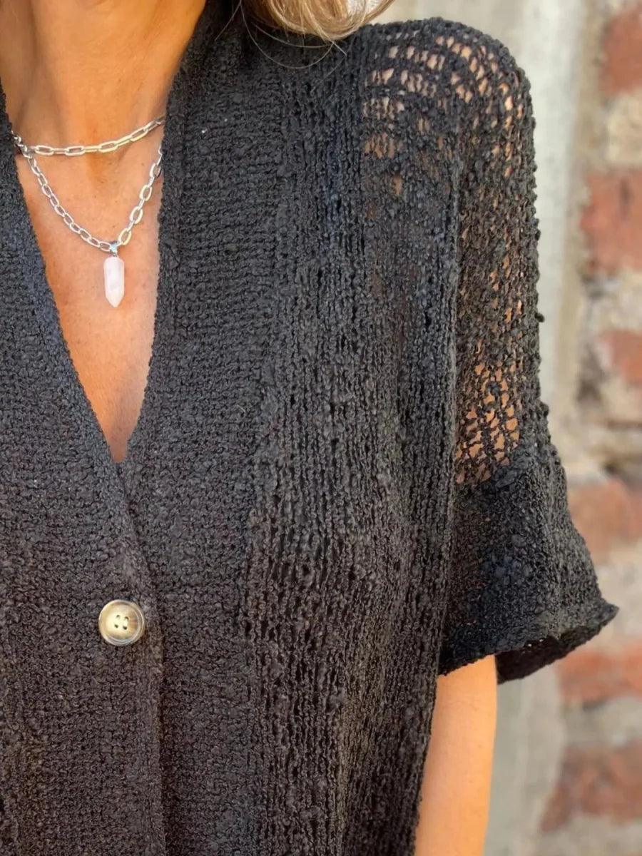 Full Size One Button Openwork Cardigan Plus Size