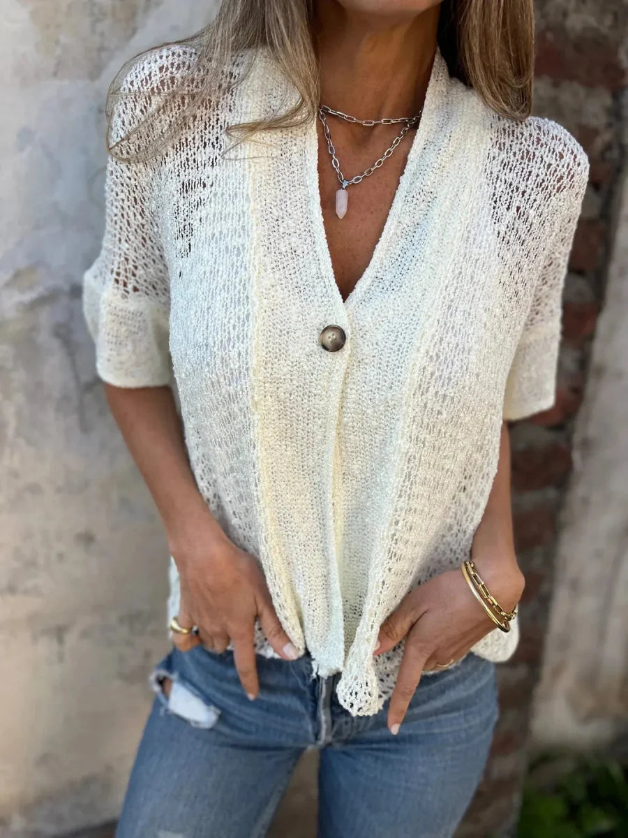 Full Size One Button Openwork Cardigan Plus Size