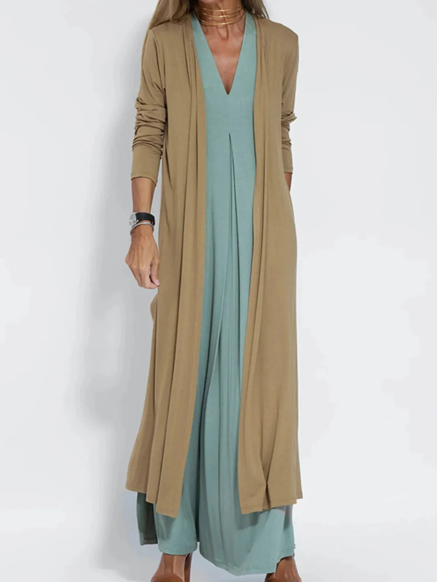 Full Size Open Front Side Slit Longline Cardigan Plus Size