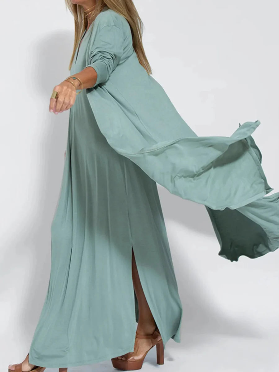 Full Size Open Front Side Slit Longline Cardigan Plus Size