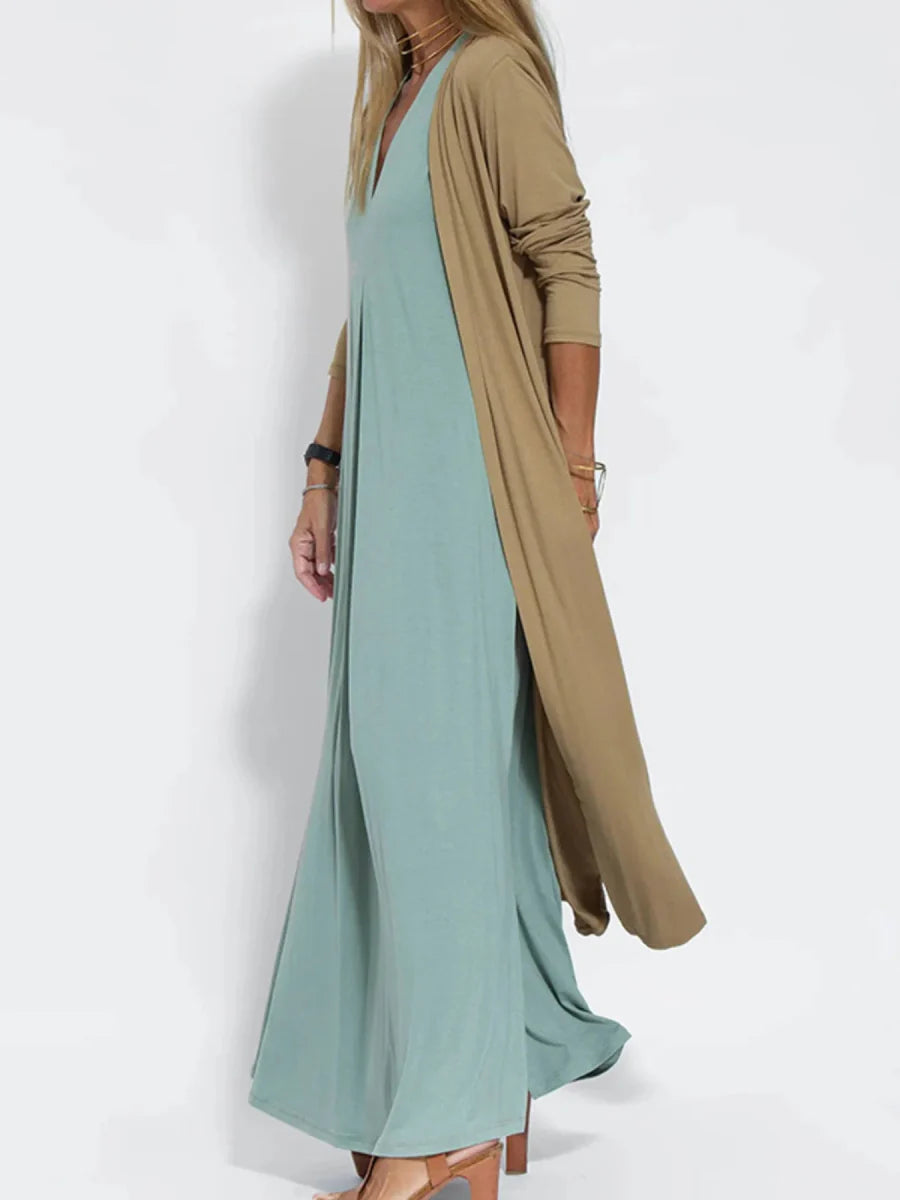 Full Size Open Front Side Slit Longline Cardigan Plus Size