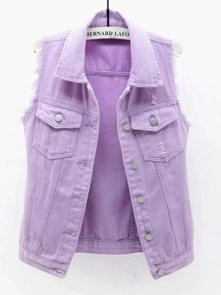 Full Size Sleeveless Frayed Denim Vest Jacket Plus Size