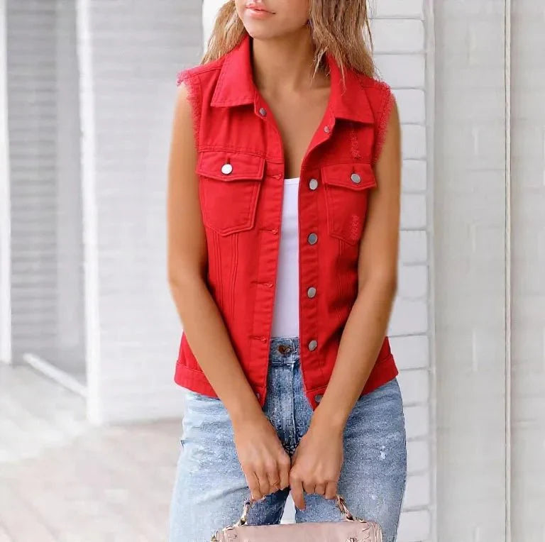 Full Size Sleeveless Frayed Denim Vest Jacket Plus Size
