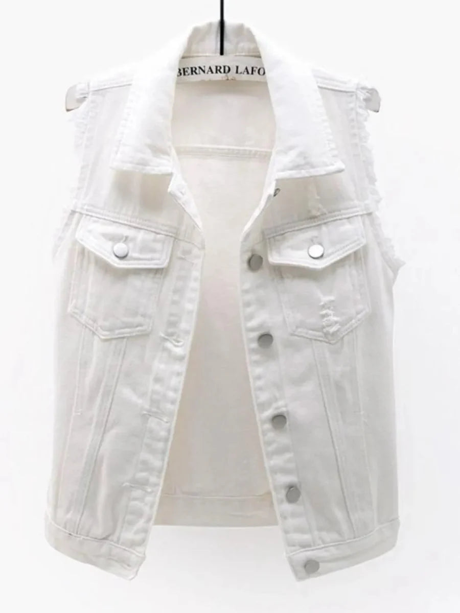 Full Size Sleeveless Frayed Denim Vest Jacket Plus Size