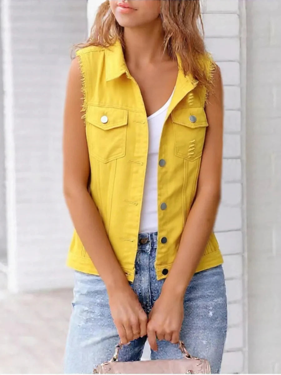 Full Size Sleeveless Frayed Denim Vest Jacket Plus Size