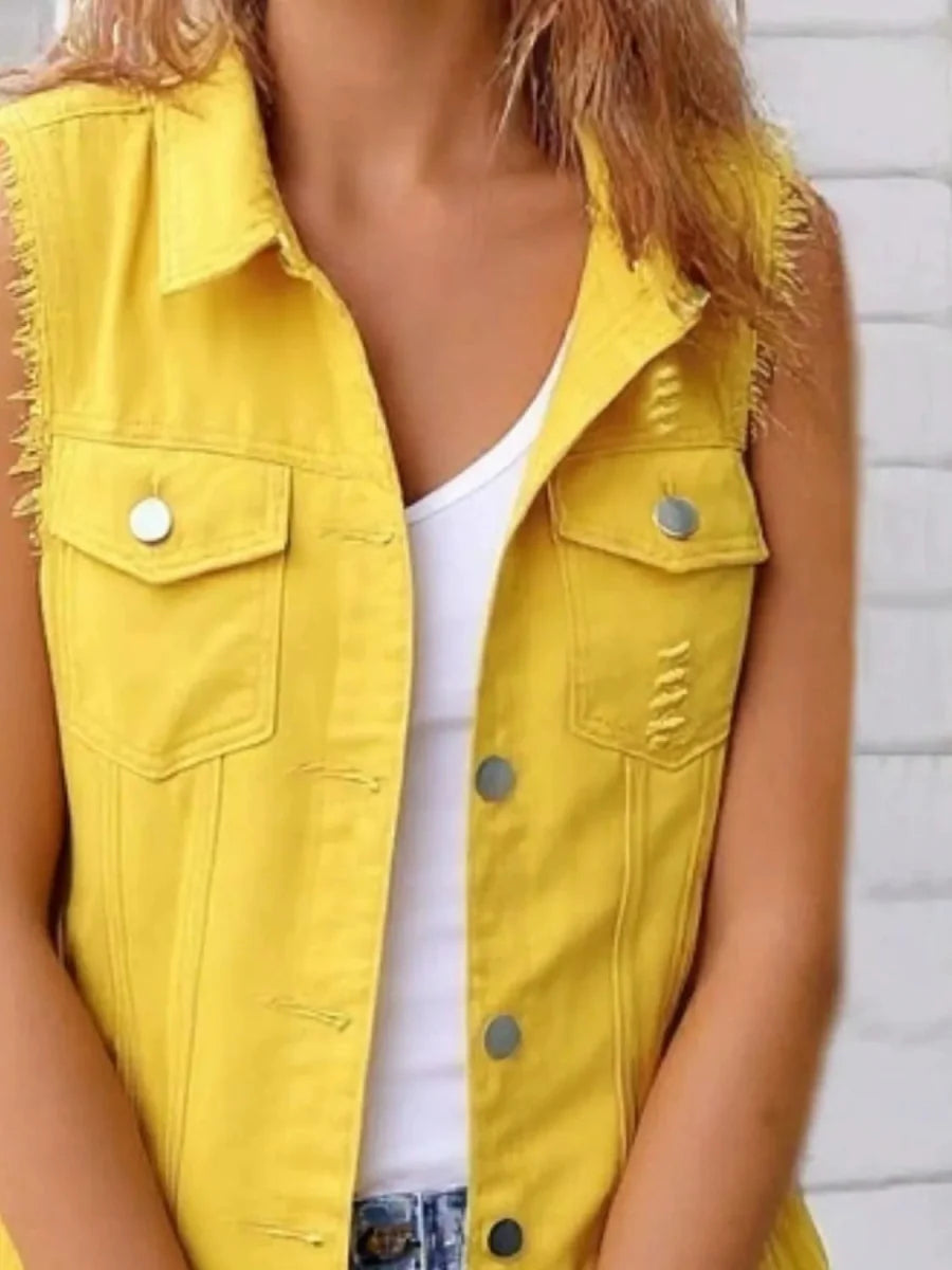 Full Size Sleeveless Frayed Denim Vest Jacket Plus Size