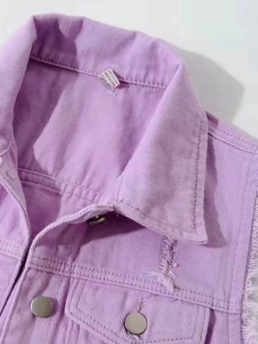 Full Size Sleeveless Frayed Denim Vest Jacket Plus Size