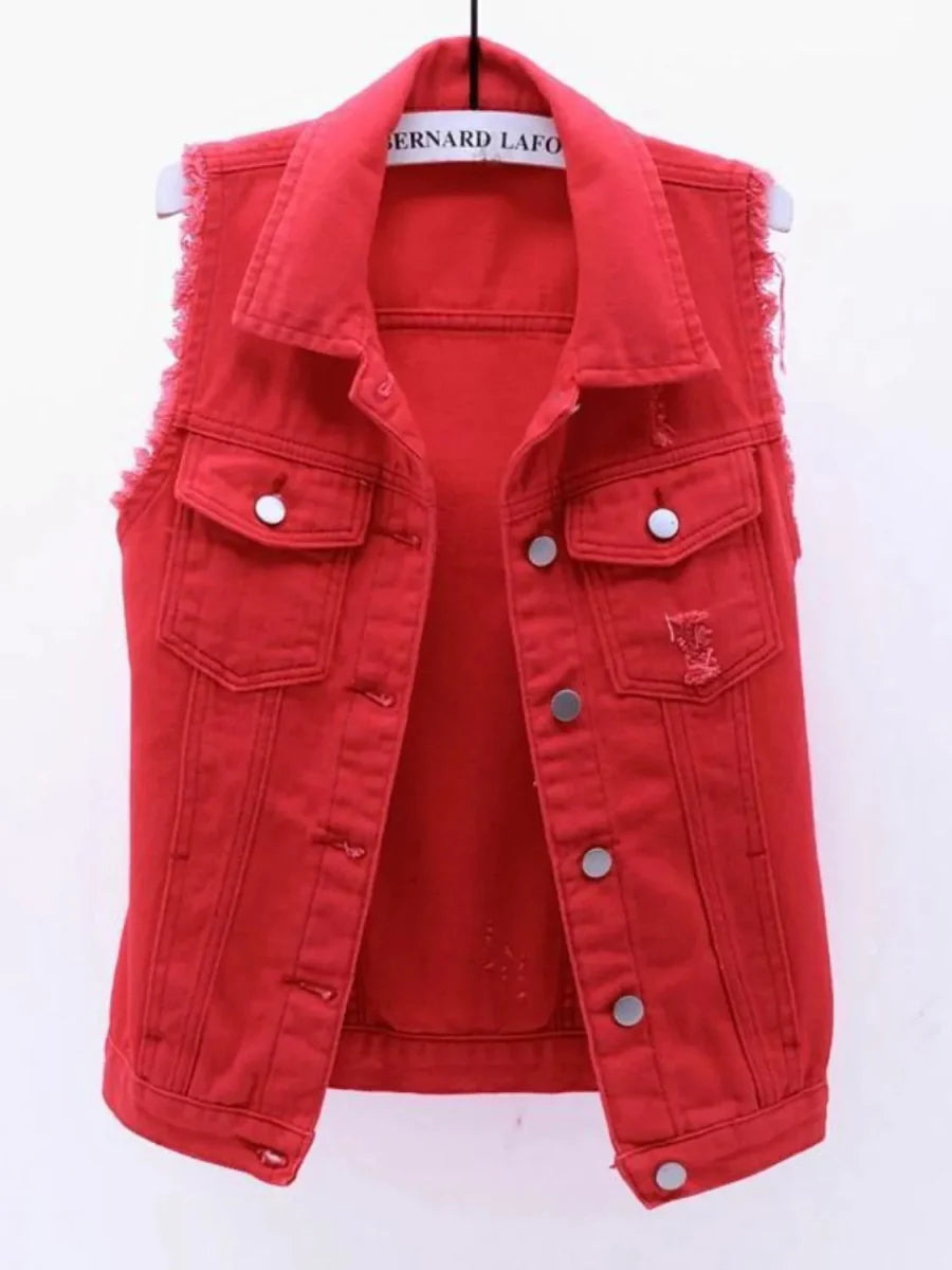 Full Size Sleeveless Frayed Denim Vest Jacket Plus Size