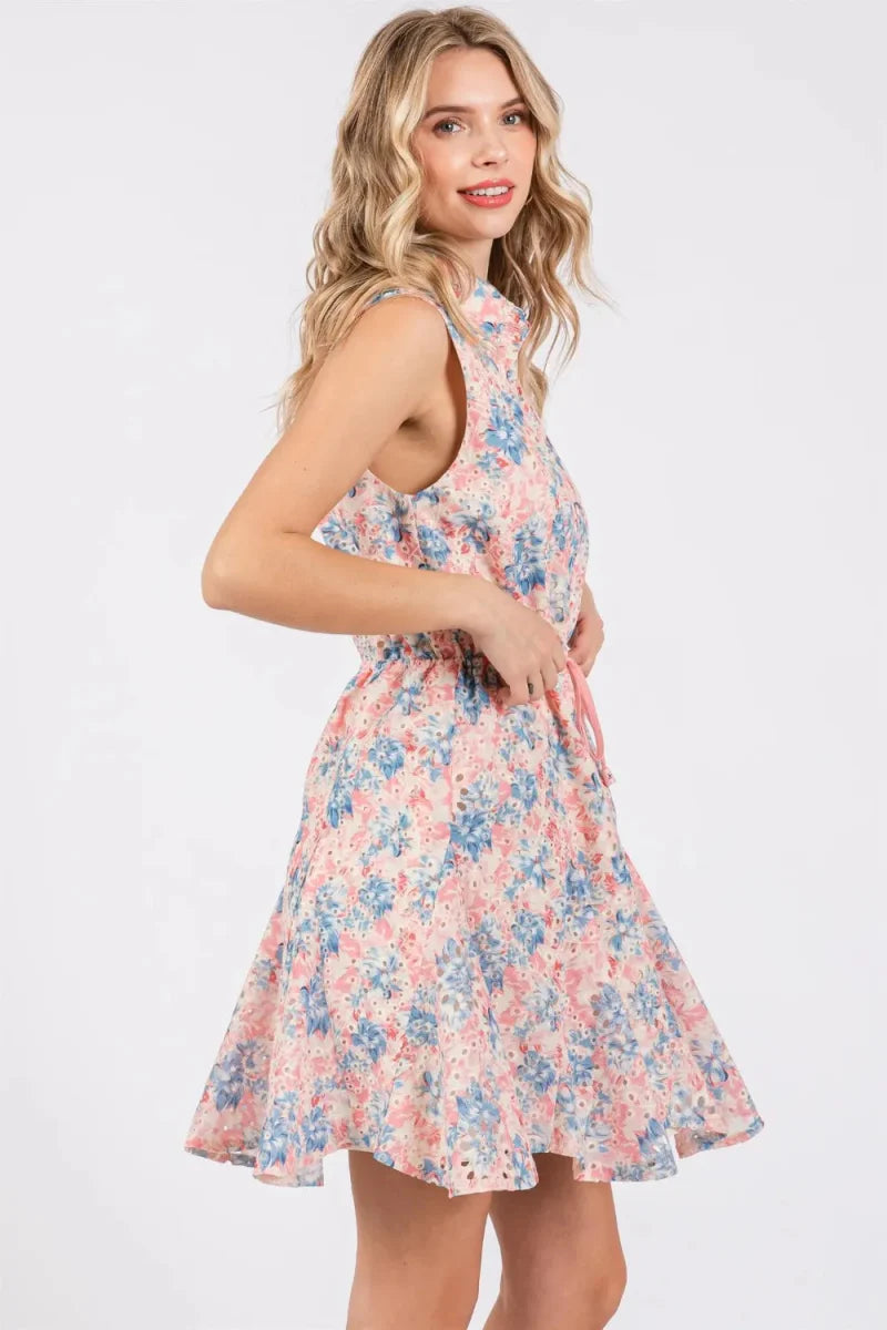 GeeGee Full Size Floral Eyelet Sleeveless Mini Dress for Summer