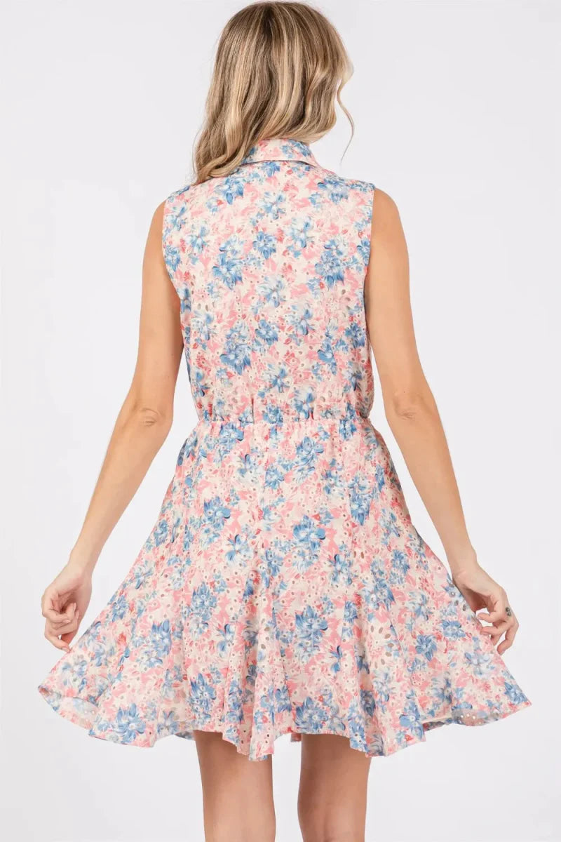 GeeGee Full Size Floral Eyelet Sleeveless Mini Dress for Summer