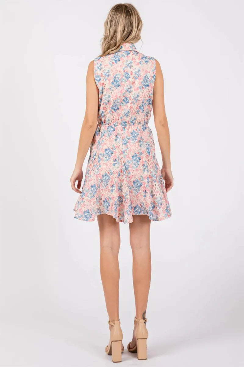 GeeGee Full Size Floral Eyelet Sleeveless Mini Dress for Summer