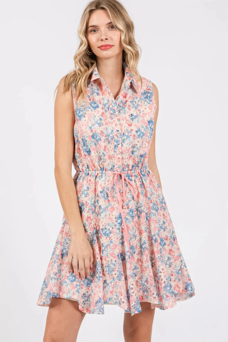 GeeGee Full Size Floral Eyelet Sleeveless Mini Dress for Summer