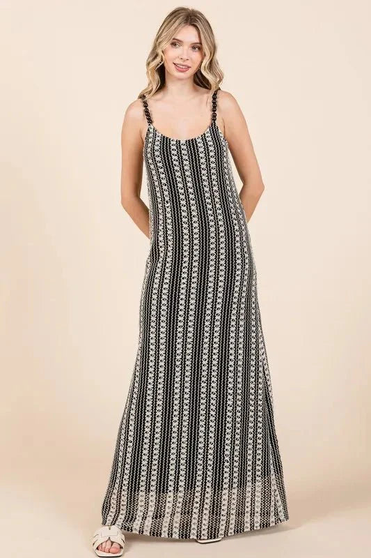 GeeGee Plus Size Striped Scoop Neck Beaded Strap Maxi Dress