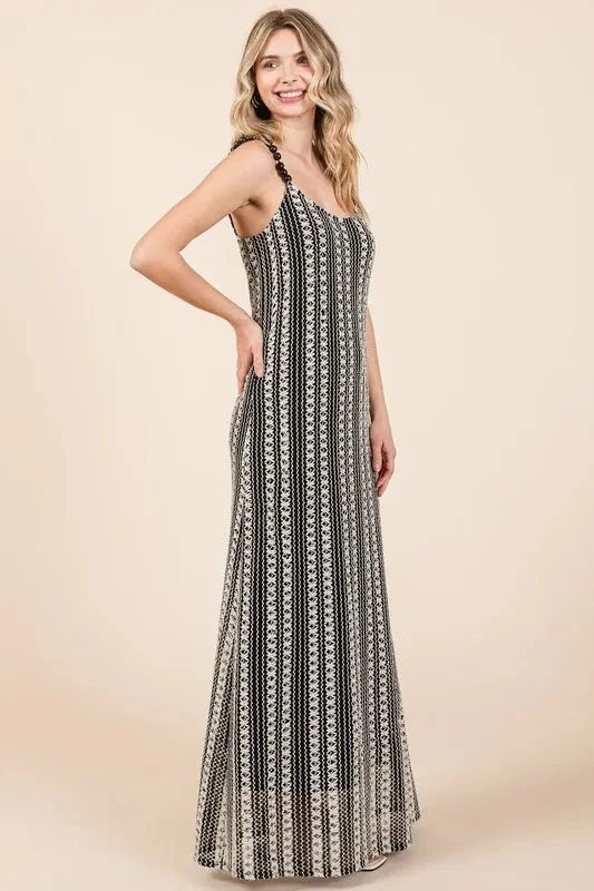GeeGee Plus Size Striped Scoop Neck Beaded Strap Maxi Dress