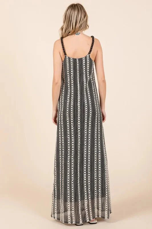 GeeGee Plus Size Striped Scoop Neck Beaded Strap Maxi Dress