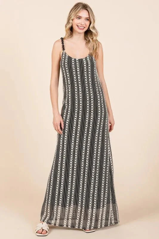 GeeGee Plus Size Striped Scoop Neck Beaded Strap Maxi Dress